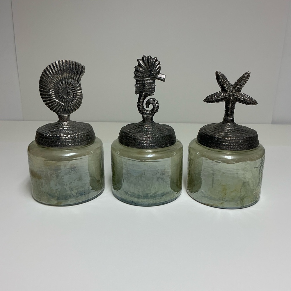 Set of 3 Decorative Glass Jar with Metal Lids- Coastal Nautical Theme
